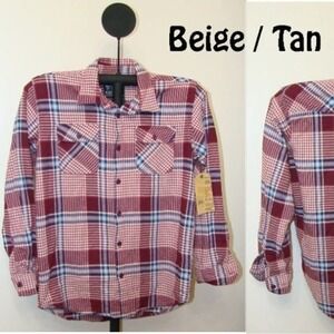 Bailey's Point Men's Plaid Button Front Long Sleeve Flannel 2 Pocket Shirt Beige